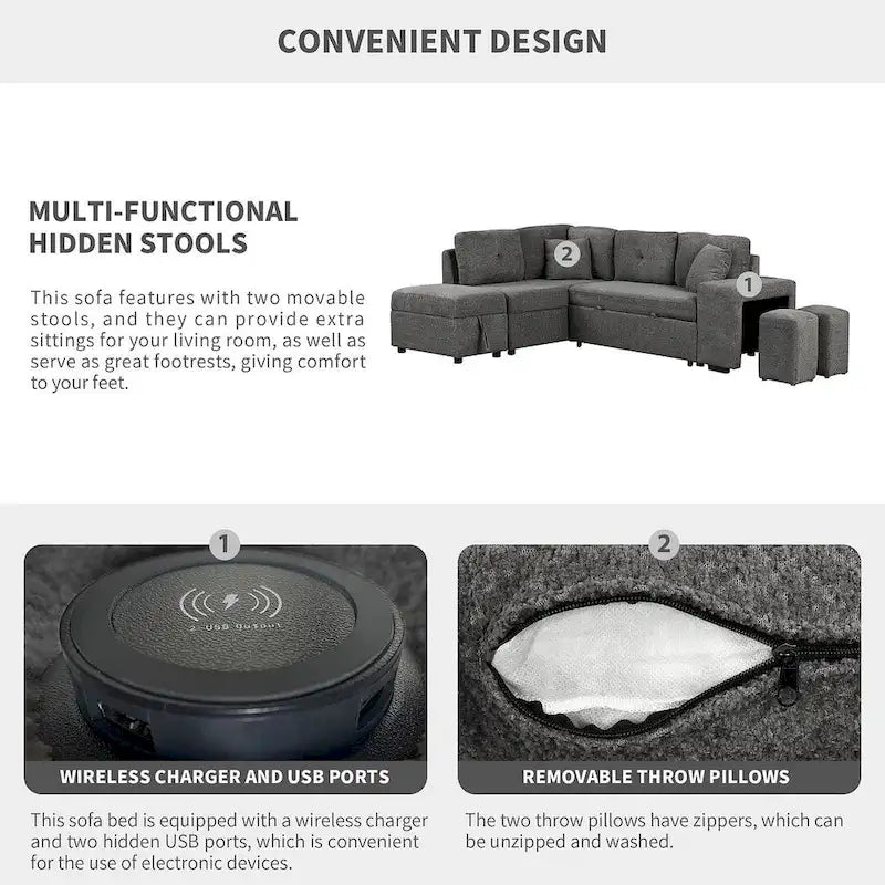 Canapé d'angle convertible en lit avec pouf de rangement, canapé-lit convertible pour salon