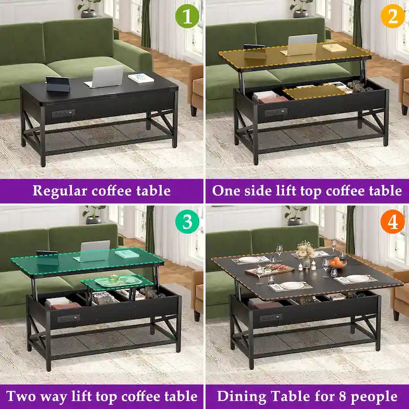 Table basse moderne noire extensible avec plateau relevable, transformable en table à manger, avec éclairage LED et prise électrique.