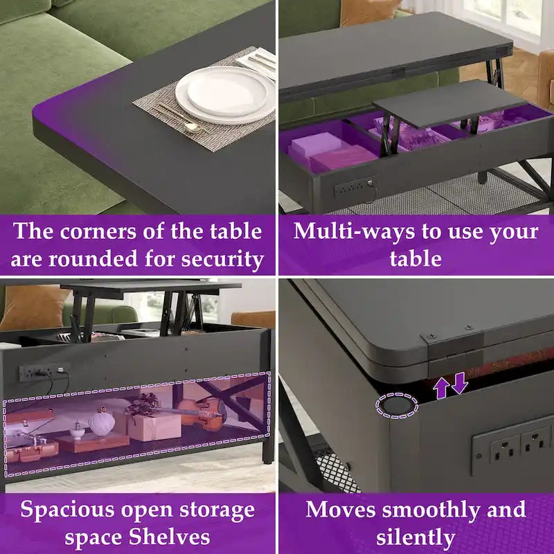 Table basse moderne noire extensible avec plateau relevable, transformable en table à manger, avec éclairage LED et prise électrique.