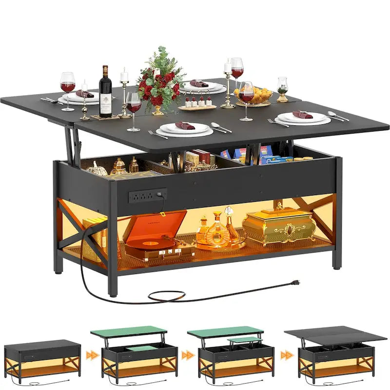 Table basse moderne noire extensible avec plateau relevable, transformable en table à manger, avec éclairage LED et prise électrique.