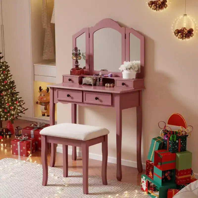 Coiffeuse et tabouret en bois Sanlo, Or rose