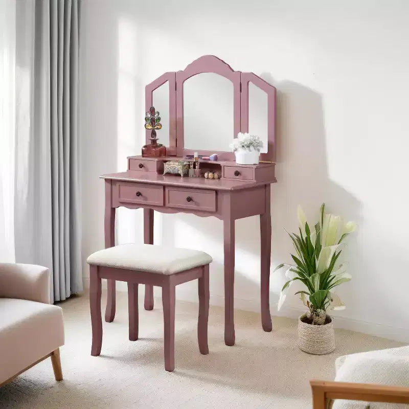 Coiffeuse et tabouret en bois Sanlo, Or rose