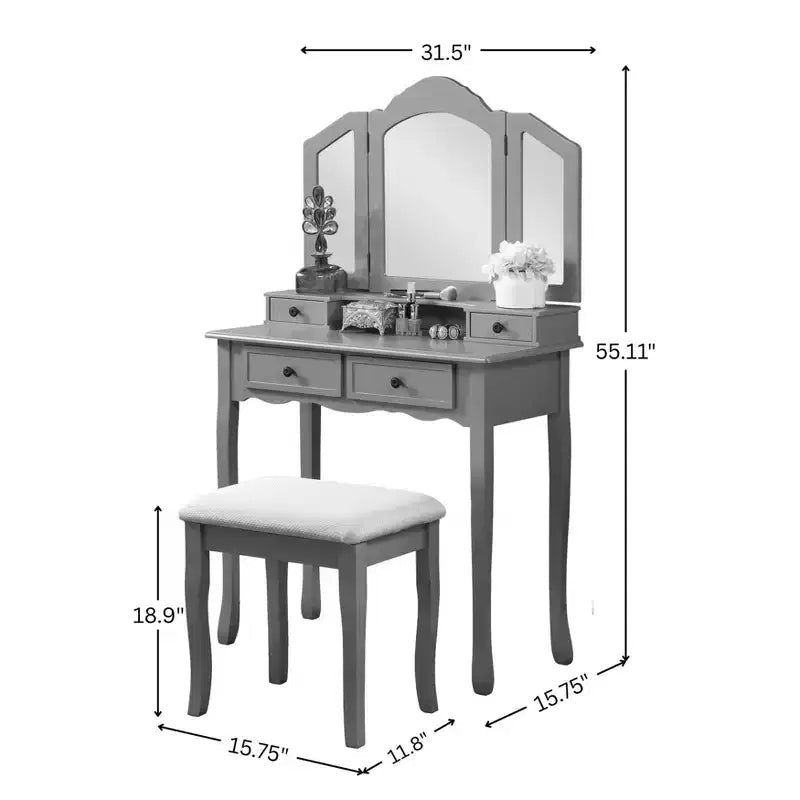 Coiffeuse et tabouret en bois Sanlo, Or rose