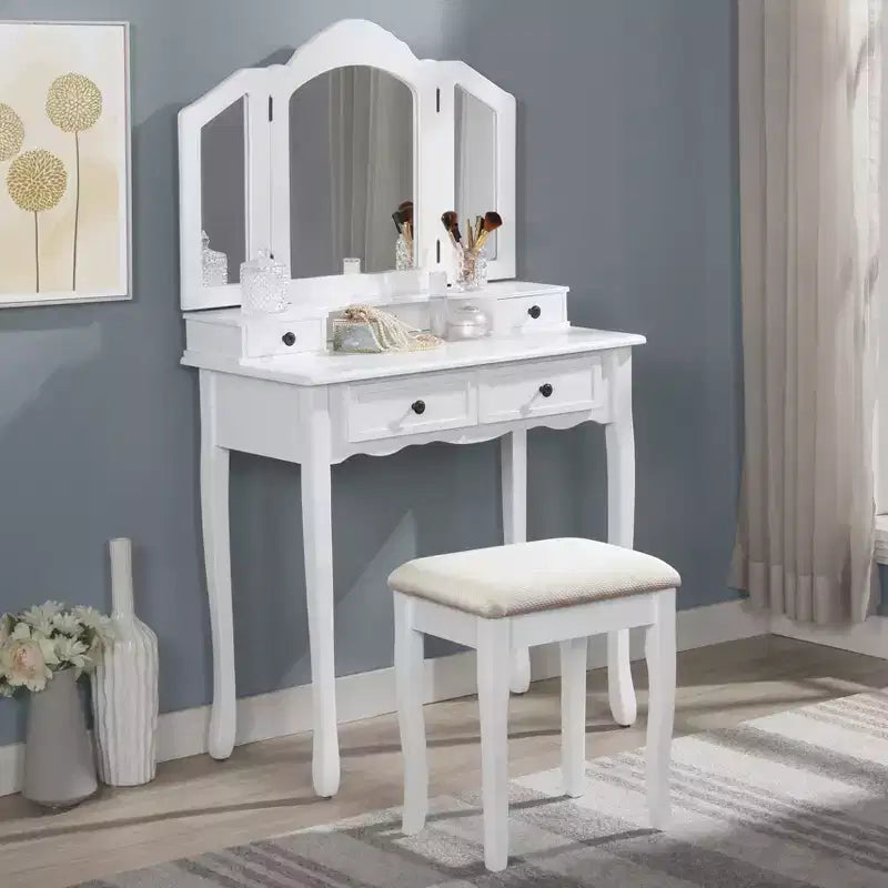Coiffeuse en bois blanc Sanlo avec tabouret