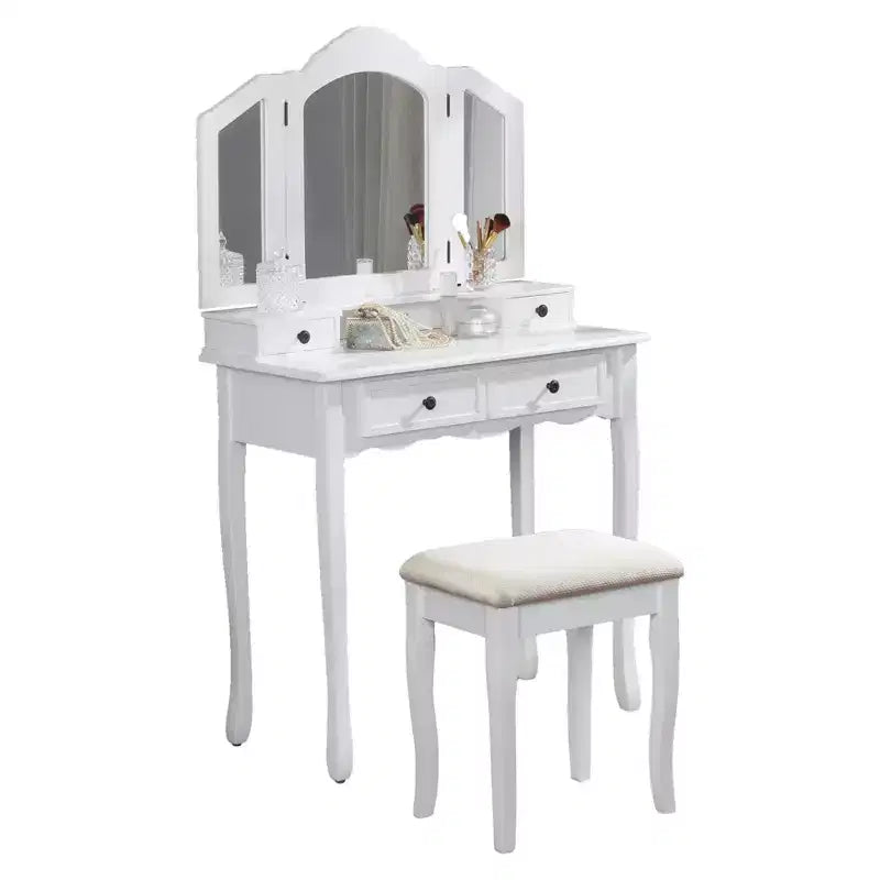 Coiffeuse en bois blanc Sanlo avec tabouret
