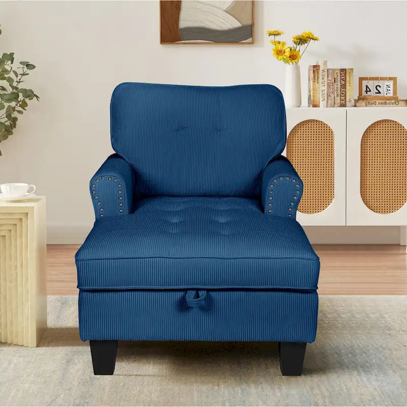 Chaise longue convertible en canapé-lit d'intérieur, fauteuil lounge rembourré pour chambre ou salon avec rivets bleus
