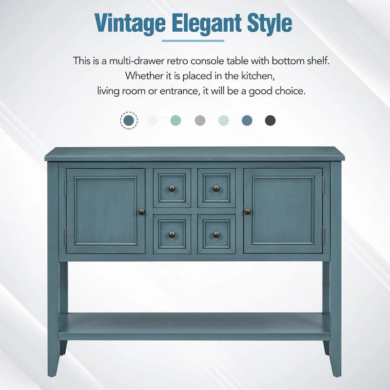 Console vintage avec quatre petits tiroirs et une étagère inférieure