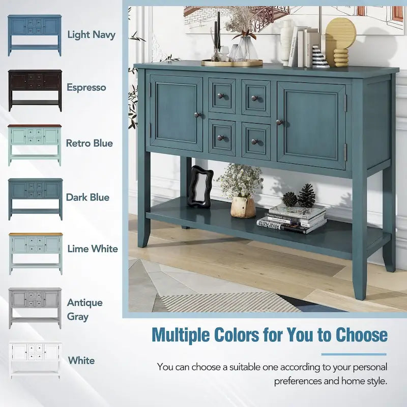 Console vintage avec quatre petits tiroirs et une étagère inférieure