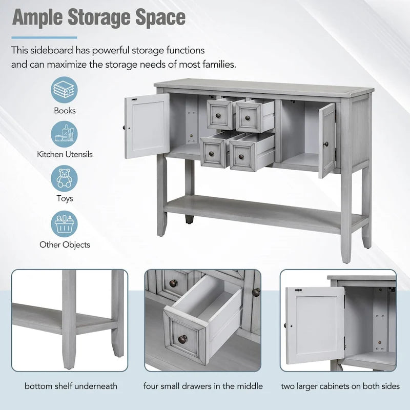 Console vintage avec quatre petits tiroirs et une étagère inférieure