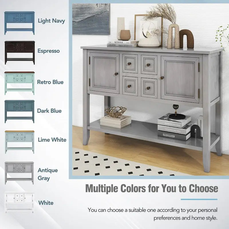 Console vintage avec quatre petits tiroirs et une étagère inférieure