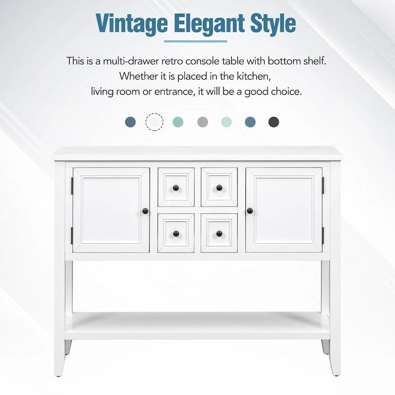 Console vintage avec quatre petits tiroirs et une étagère inférieure