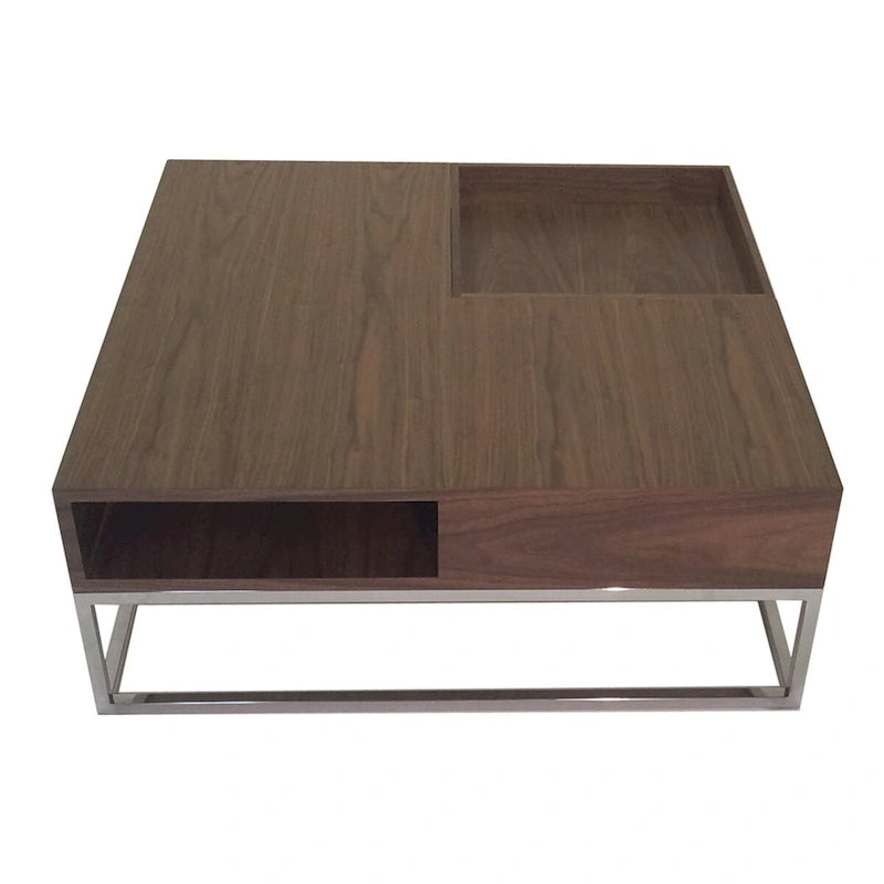 Table basse Rina 89 cm, plateau carré amovible en bois, rangement, piètement en acier