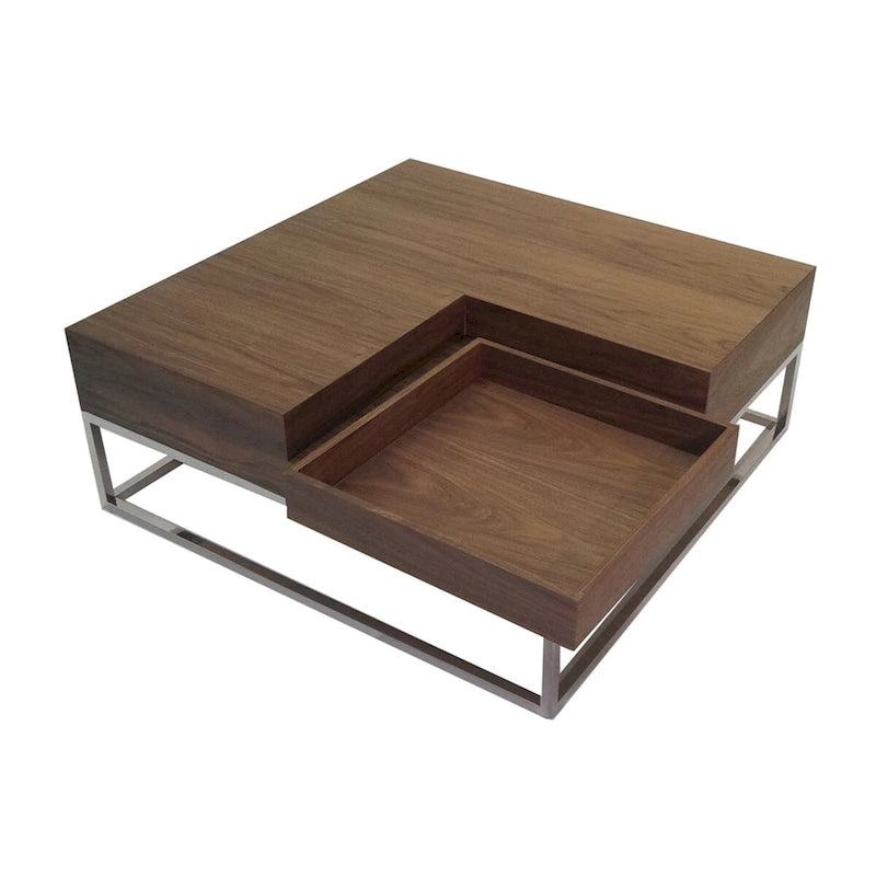 Table basse Rina 89 cm, plateau carré amovible en bois, rangement, piètement en acier
