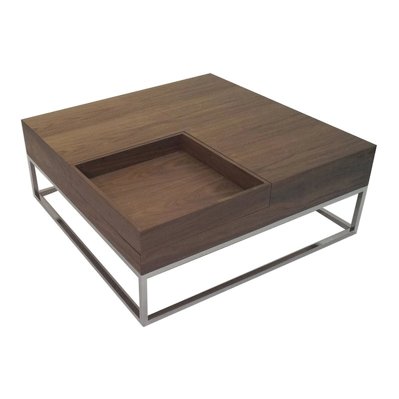 Table basse Rina 89 cm, plateau carré amovible en bois, rangement, piètement en acier