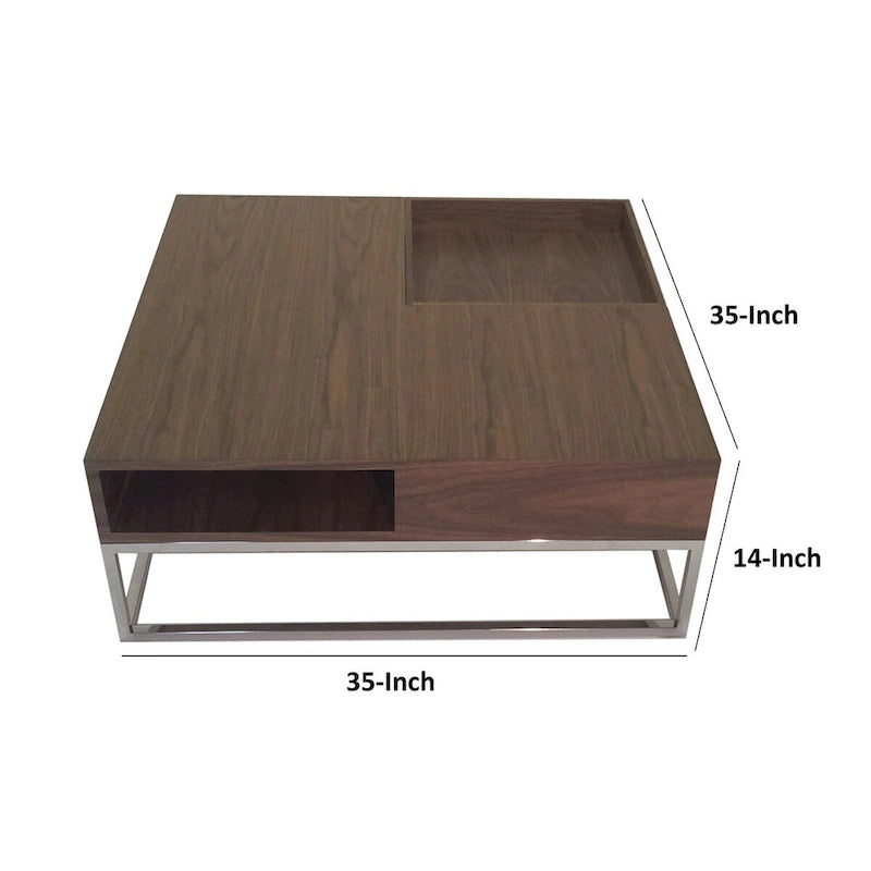 Table basse Rina 89 cm, plateau carré amovible en bois, rangement, piètement en acier