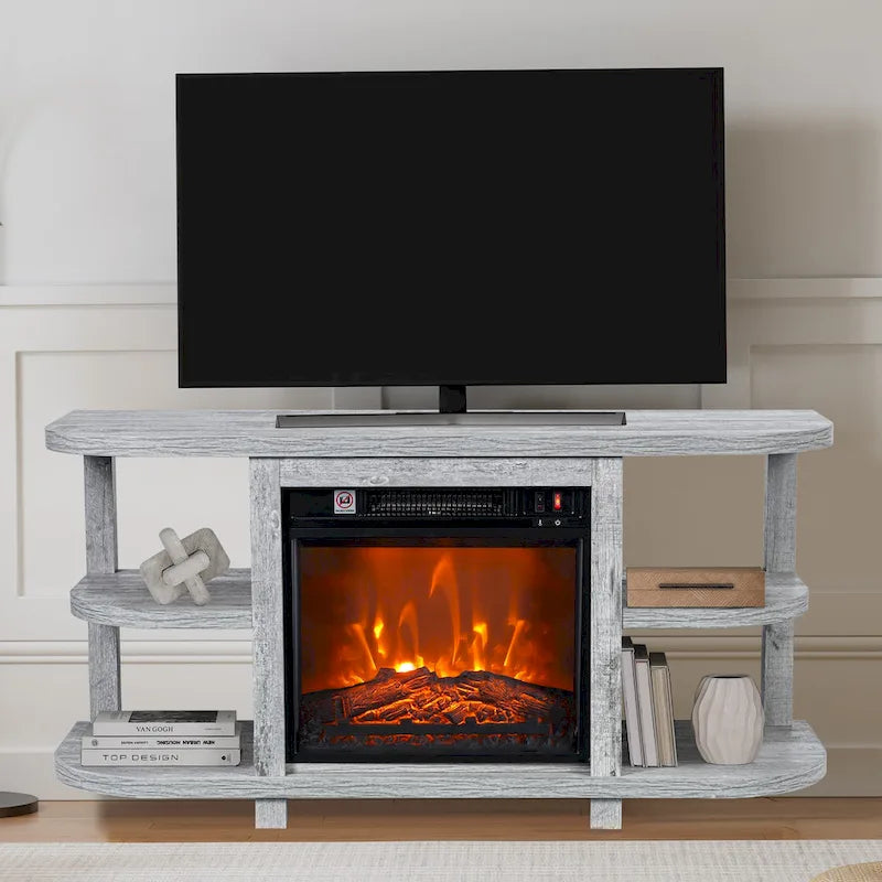 Console moderne gris clair avec cheminée et étagères de rangement ouvertes (48 pouces)