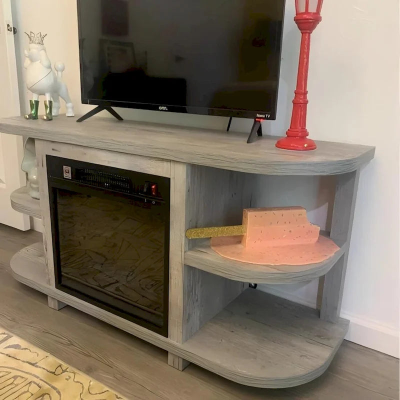 Console moderne gris clair avec cheminée et étagères de rangement ouvertes (48 pouces)