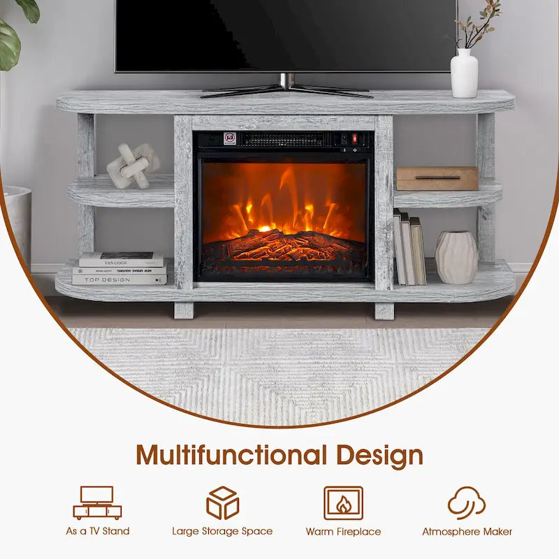 Console moderne gris clair avec cheminée et étagères de rangement ouvertes (48 pouces)