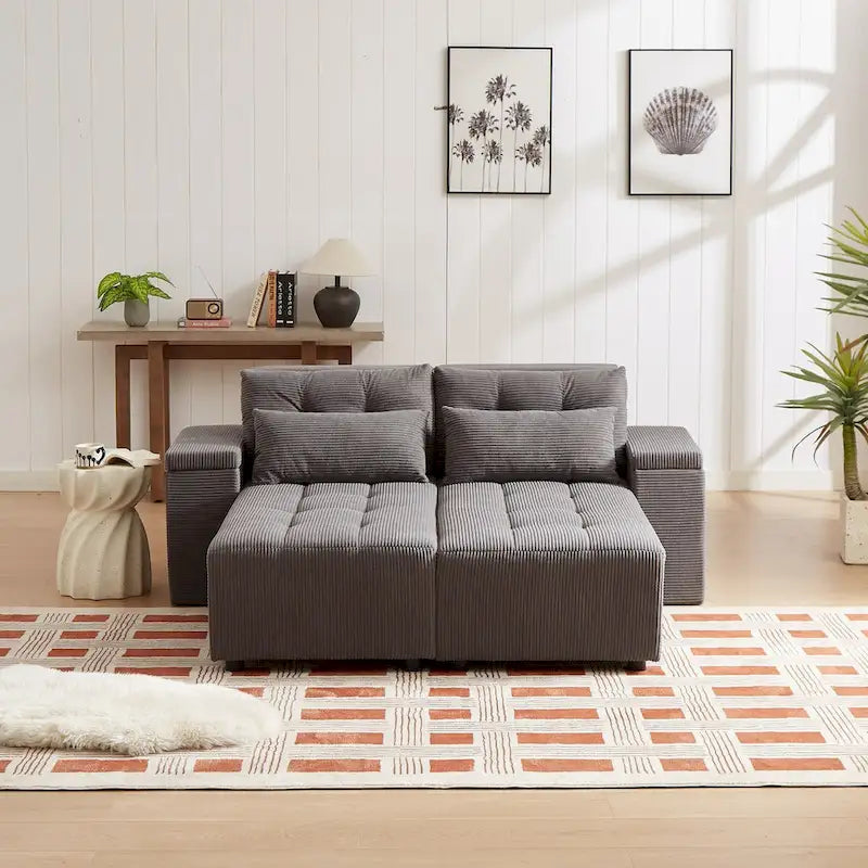 Ensemble canapé-lit et canapé d'angle modulable en velours côtelé gris, modèle 3 en 1