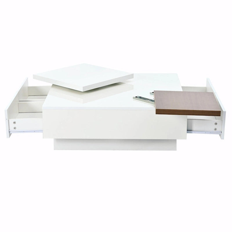 Table basse carrée moderne en bois avec plateau amovible et 4 tiroirs de rangement dissimulés