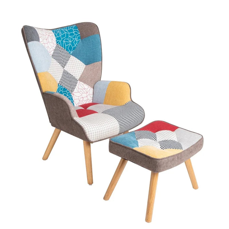 Fauteuil d'appoint avec repose-pieds, ensemble fauteuil et repose-pieds pour salon, fauteuil confortable pour chambre, revêtement en tissu à l'agencement créatif