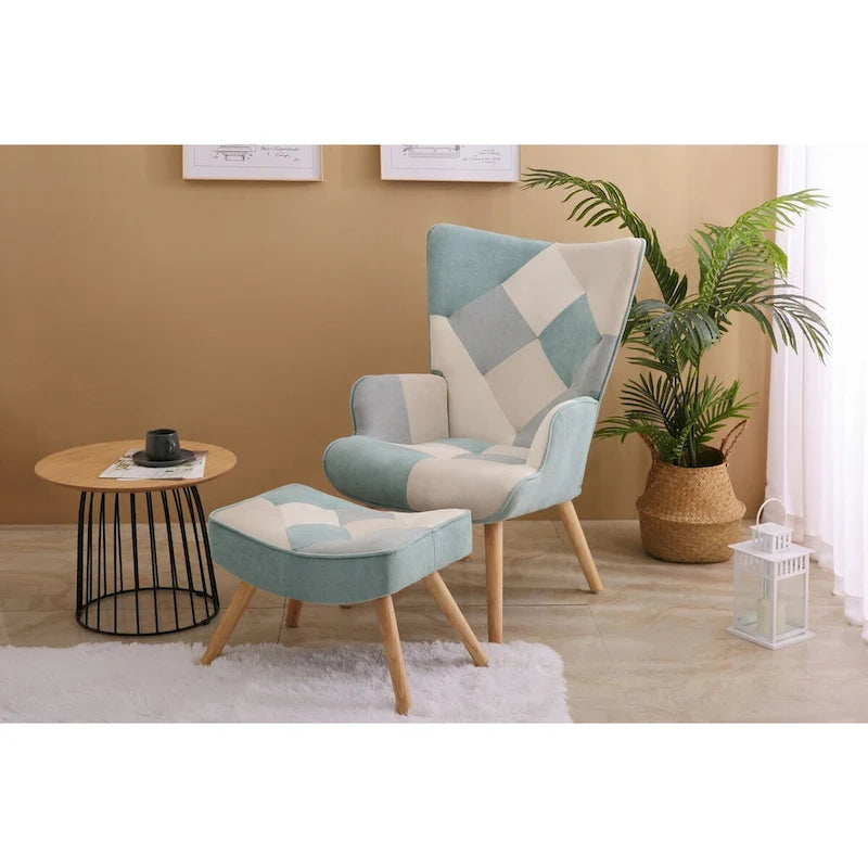 Fauteuil d'appoint avec repose-pieds, ensemble fauteuil et repose-pieds pour salon, fauteuil confortable pour chambre, revêtement en tissu à l'agencement créatif