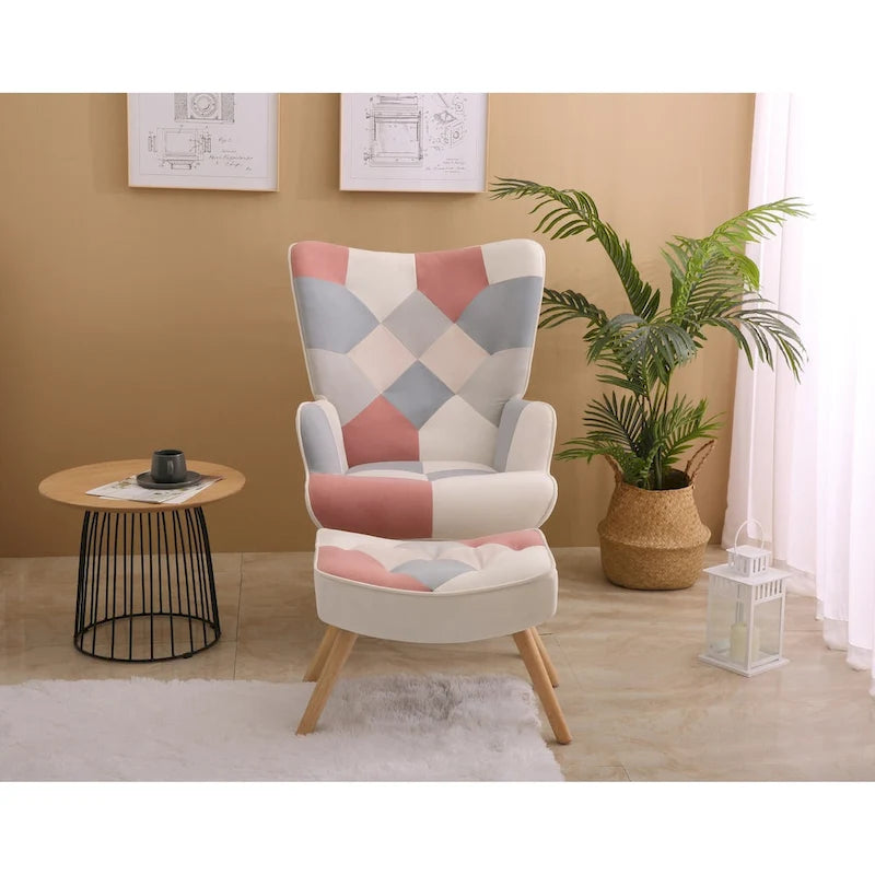 Fauteuil d'appoint avec repose-pieds, ensemble fauteuil et repose-pieds pour salon, fauteuil confortable pour chambre, revêtement en tissu à l'agencement créatif