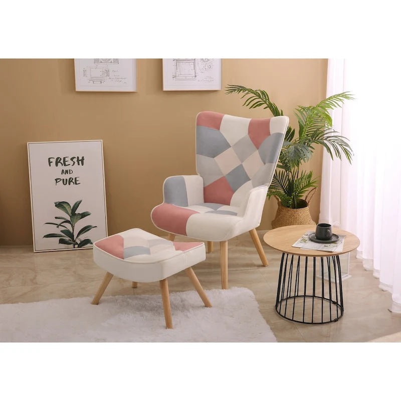 Fauteuil d'appoint avec repose-pieds, ensemble fauteuil et repose-pieds pour salon, fauteuil confortable pour chambre, revêtement en tissu à l'agencement créatif