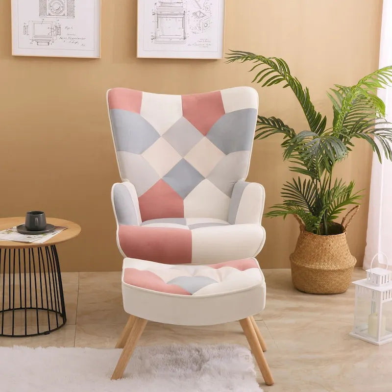Fauteuil d'appoint avec repose-pieds, ensemble fauteuil et repose-pieds pour salon, fauteuil confortable pour chambre, revêtement en tissu à l'agencement créatif