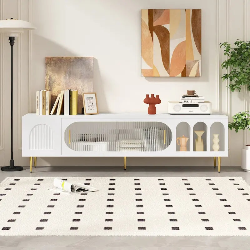 Meuble TV moderne pour téléviseur jusqu'à 70 pouces, console multimédia avec 3 étagères et 2 placards.