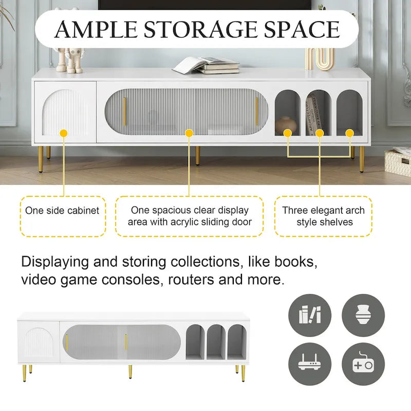 Meuble TV moderne pour téléviseur jusqu'à 70 pouces, console multimédia avec 3 étagères et 2 placards.