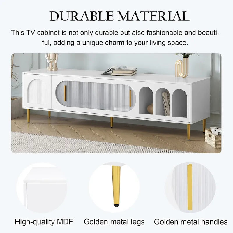 Meuble TV moderne pour téléviseur jusqu'à 70 pouces, console multimédia avec 3 étagères et 2 placards.