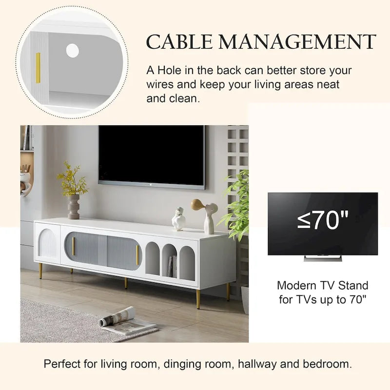 Meuble TV moderne pour téléviseur jusqu'à 70 pouces, console multimédia avec 3 étagères et 2 placards.