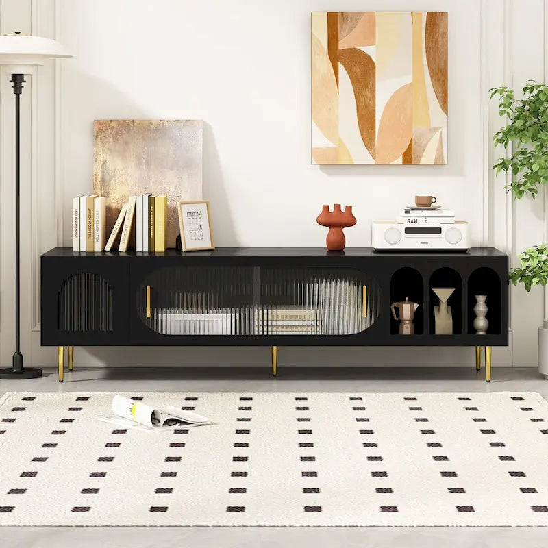 Meuble TV moderne pour téléviseur jusqu'à 70 pouces, console multimédia avec 3 étagères et 2 placards.