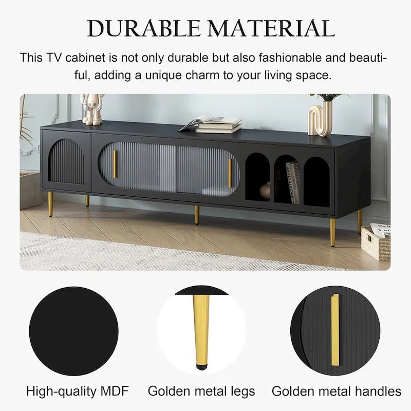 Meuble TV moderne pour téléviseur jusqu'à 70 pouces, console multimédia avec 3 étagères et 2 placards.