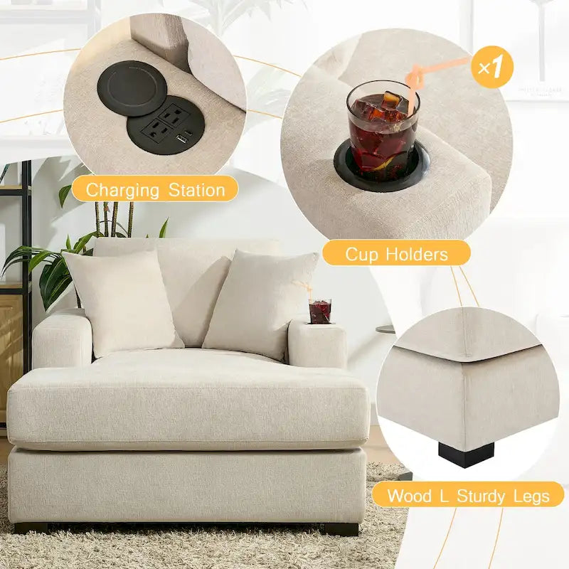 Canapé-lit méridienne en tissu chenille 43,5 avec coussins, station de charge et porte-gobelets