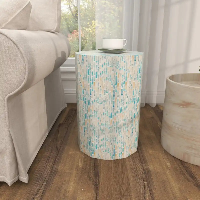 Table d'appoint tambour en mosaïque artisanale incrustée de nacre - Bleu - Roche River Decor