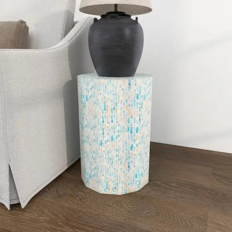Table d'appoint tambour en mosaïque artisanale incrustée de nacre - Bleu - Roche River Decor