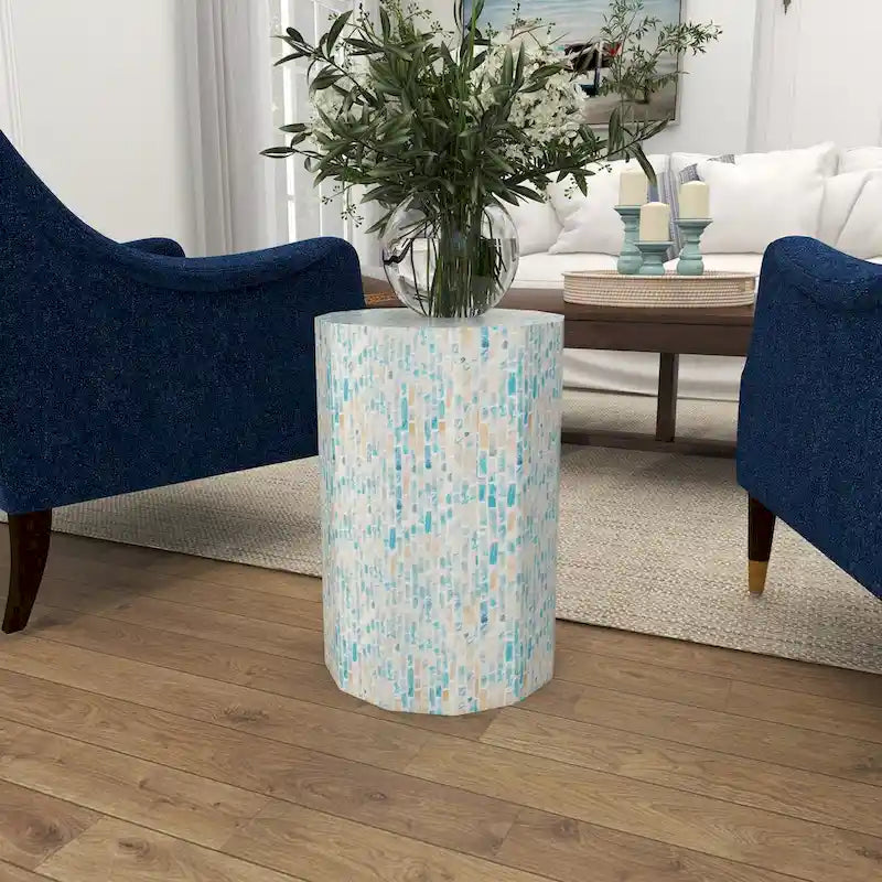 Table d'appoint tambour en mosaïque artisanale incrustée de nacre - Bleu - Roche River Decor