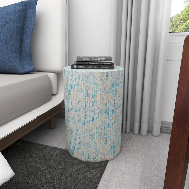 Table d'appoint tambour en mosaïque artisanale incrustée de nacre - Bleu - Roche River Decor