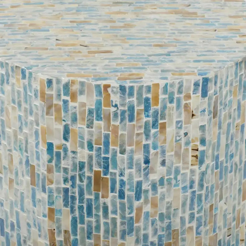 Table d'appoint tambour en mosaïque artisanale incrustée de nacre - Bleu - Roche River Decor