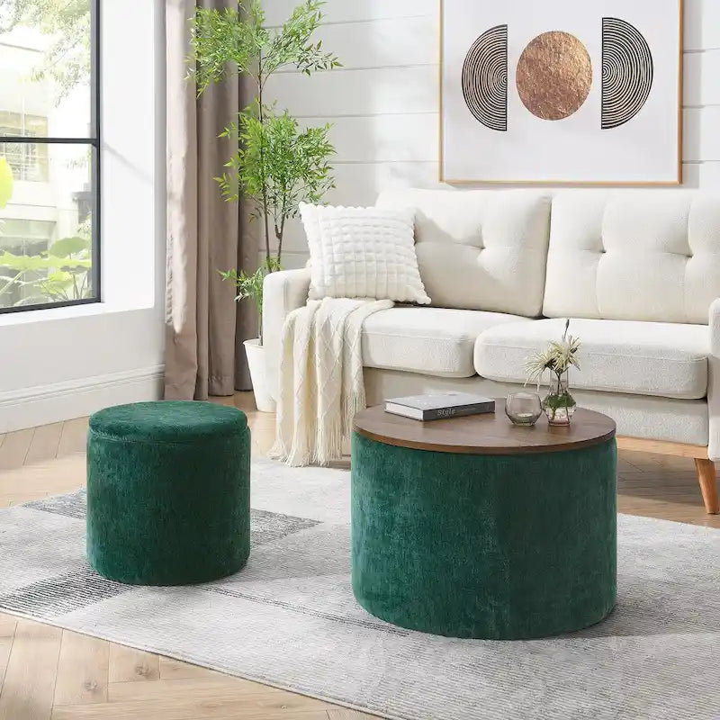 Pouf de rangement rond en chenille, composé de 2 pièces, comprenant un petit tabouret cylindrique, un espace de rangement et un plateau en MDF.