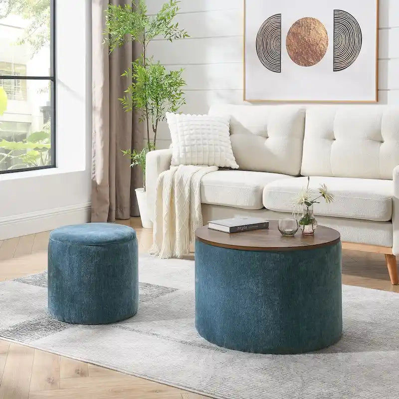 Pouf de rangement rond en chenille, composé de 2 pièces, comprenant un petit tabouret cylindrique, un espace de rangement et un plateau en MDF.