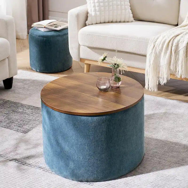 Pouf de rangement rond en chenille, composé de 2 pièces, comprenant un petit tabouret cylindrique, un espace de rangement et un plateau en MDF.