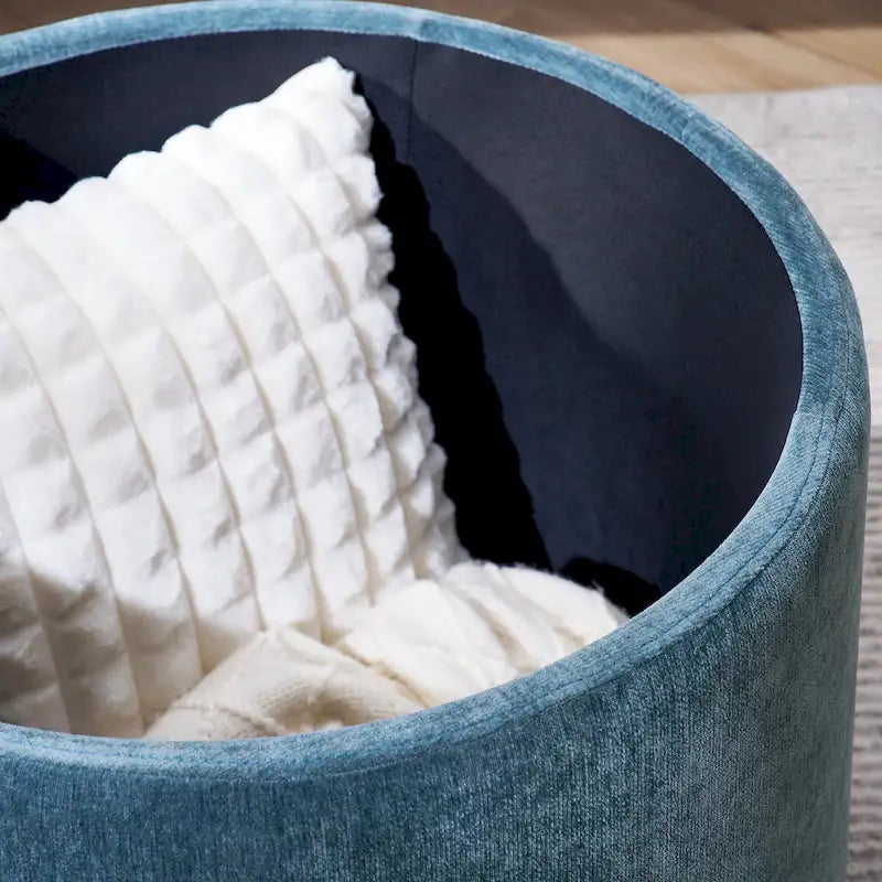 Pouf de rangement rond en chenille, composé de 2 pièces, comprenant un petit tabouret cylindrique, un espace de rangement et un plateau en MDF.