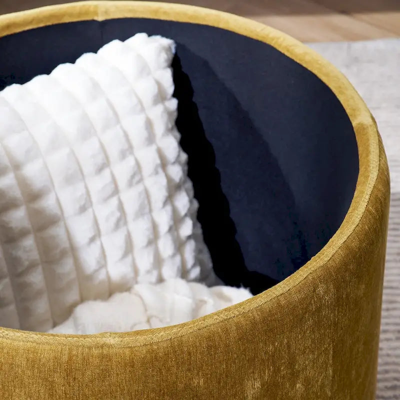 Pouf de rangement rond en chenille, composé de 2 pièces, comprenant un petit tabouret cylindrique, un espace de rangement et un plateau en MDF.