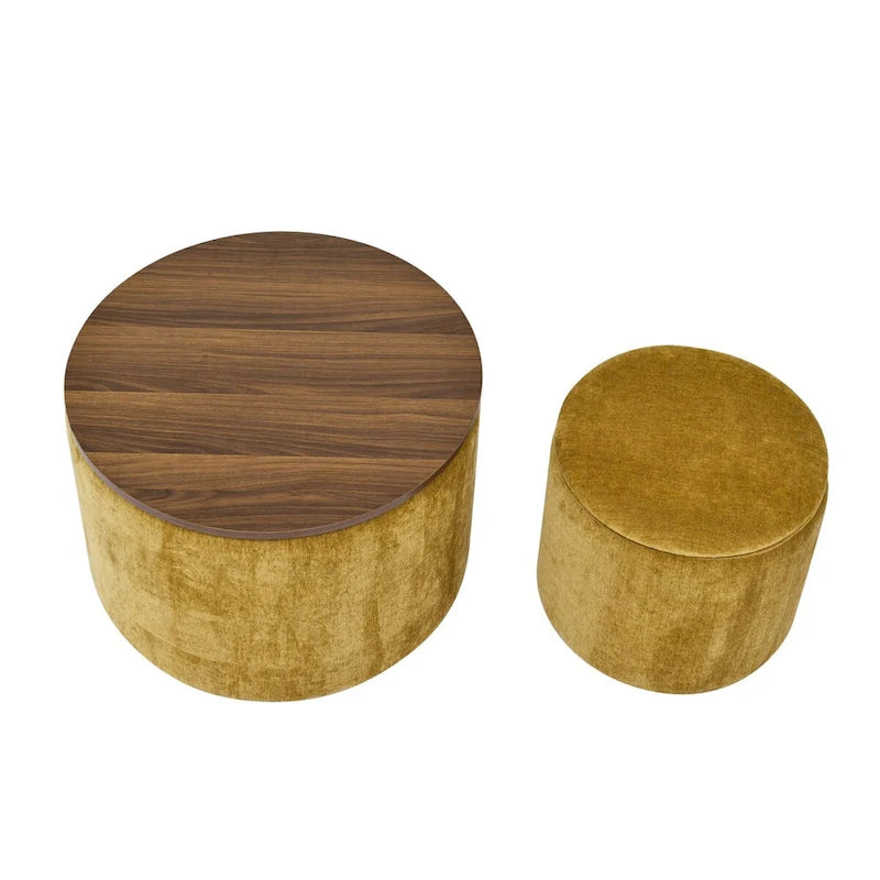Pouf de rangement rond en chenille, composé de 2 pièces, comprenant un petit tabouret cylindrique, un espace de rangement et un plateau en MDF.