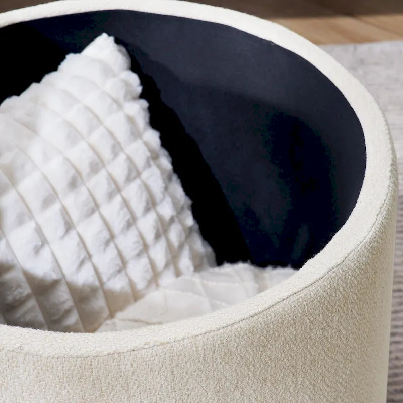 Pouf de rangement rond en chenille, composé de 2 pièces, comprenant un petit tabouret cylindrique, un espace de rangement et un plateau en MDF.