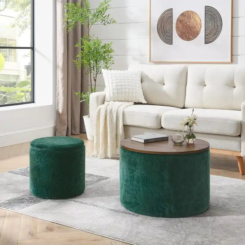 Pouf de rangement rond en chenille, composé de 2 pièces, comprenant un petit tabouret cylindrique, un espace de rangement et un plateau en MDF.