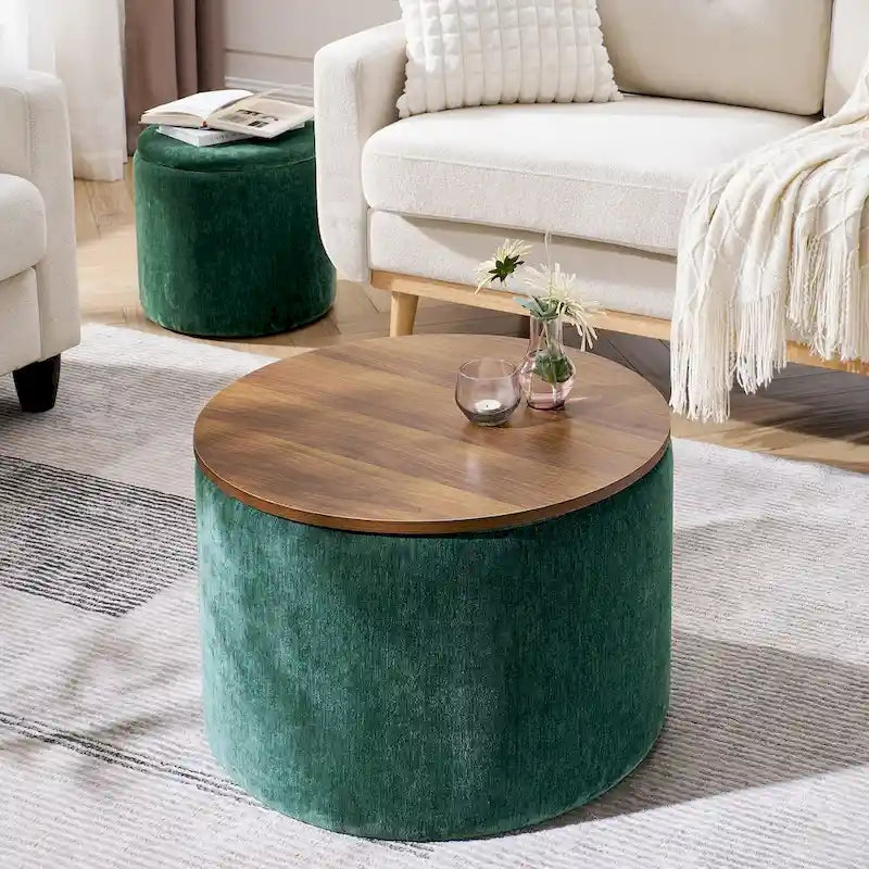 Pouf de rangement rond en chenille, composé de 2 pièces, comprenant un petit tabouret cylindrique, un espace de rangement et un plateau en MDF.